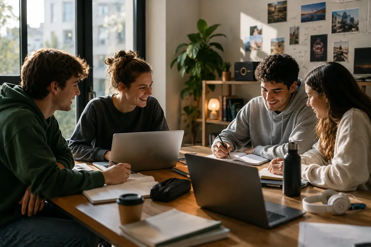 Quatre étudiants travaillent ensemble autour d'une table avec des ordinateurs portables