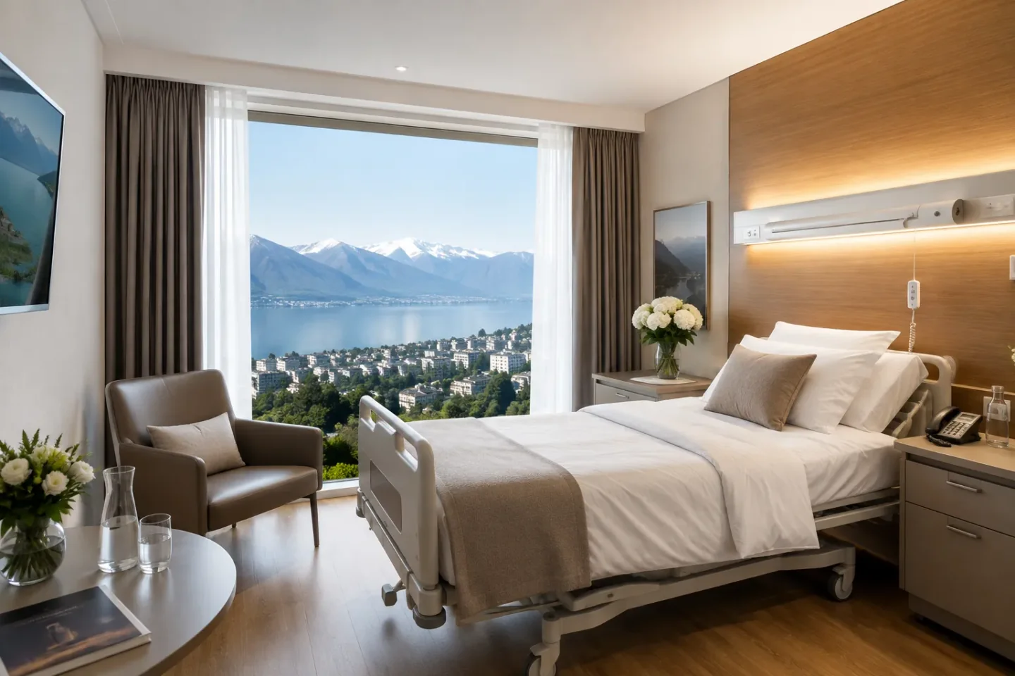 Chambre d'hôpital individuelle avec un fauteuil et une baie vitrée donnant sur un lac et des montagnes