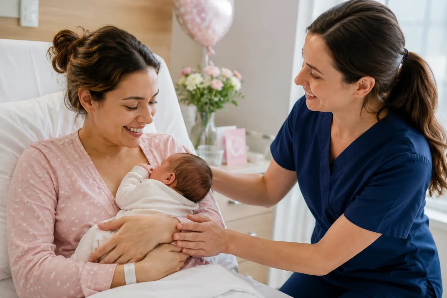 Une jeune mère tient son nouveau-né dans ses bras, accompagnée par une sage-femme à la maternité