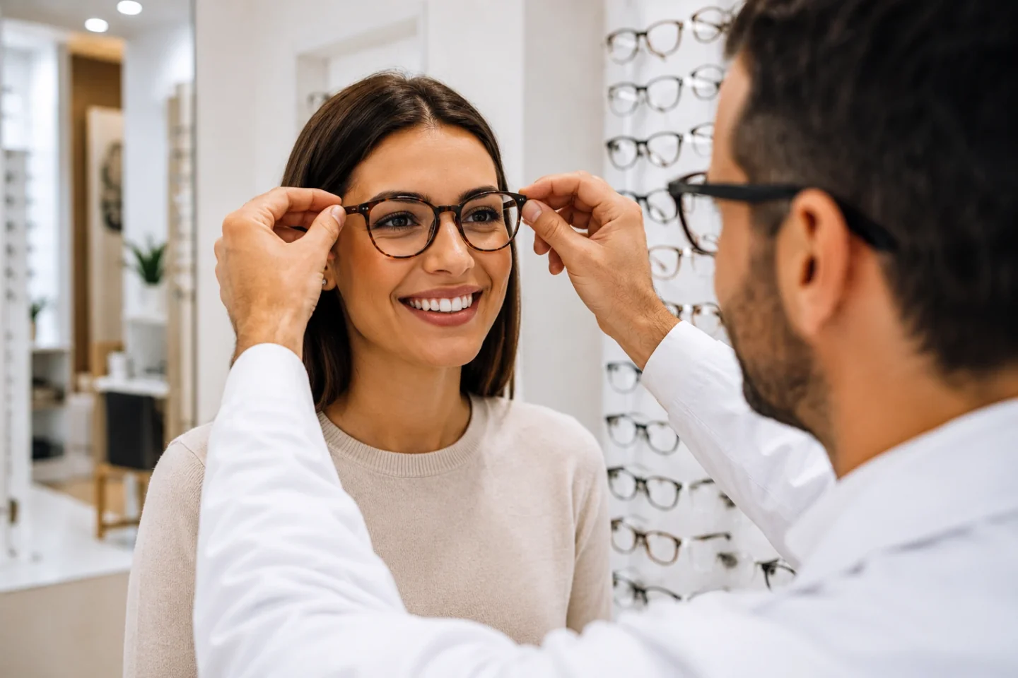 Un opticien ajuste une paire de lunettes sur le visage d'une cliente souriante