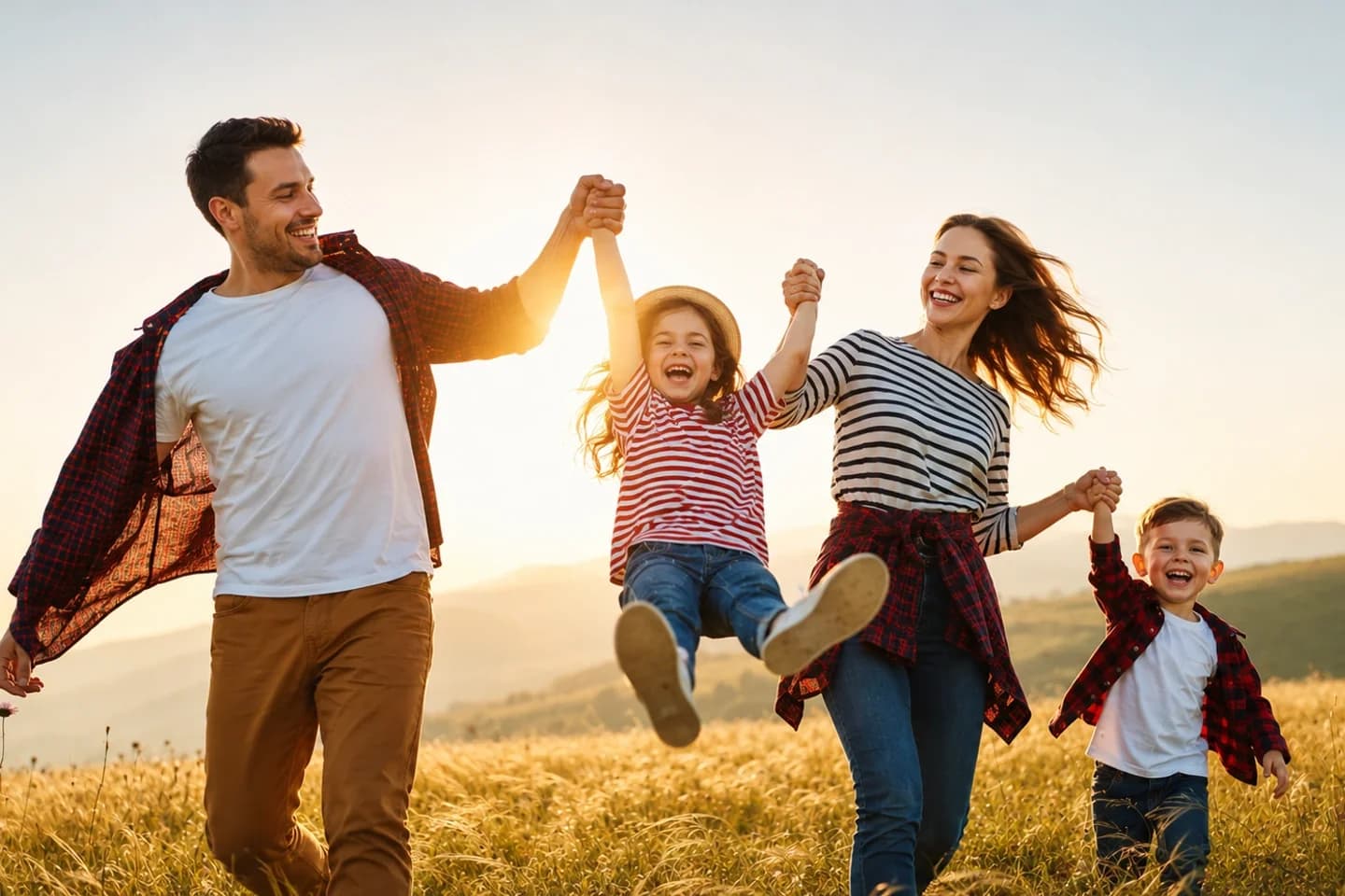 Une famille de quatre personnes marche dans un champ au soleil couchant, les enfants portés par les parents